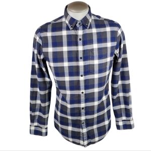 Banana Republic Slim Fit Luxe Cotton Flannel Plaid Button Up Shirt Blue Medium